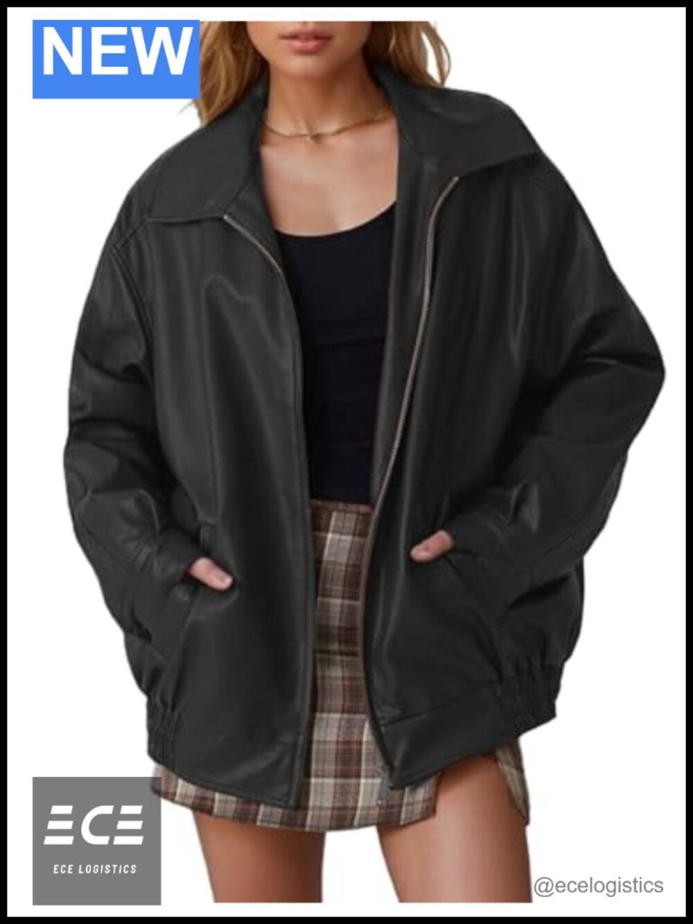 Oversized Faux Leather Motorcycle Bomber Jacket with Pockets